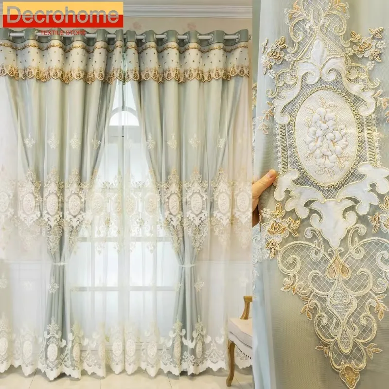 Embroidery Double Layer Curtains for Living Room Bedroom Lace Window Screen Integrated  French Window Balcony Curtains Customize