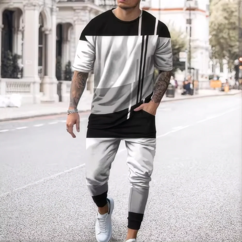 2024 Summer New Men's Clothing Fashion Trend Men's Two Piece Top New 3D Digital Printed Pants - Short Sleeve Pants Set