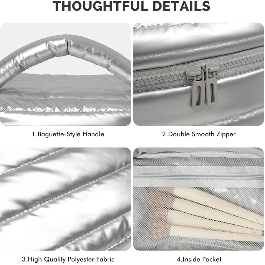 حقيبة مكياج منتفخة مقاومة للماء، قماش عصري ومتين، حقيبة مكياج ذات سعة كبيرة وحقيبة تخزين أدوات الزينة للسفر،