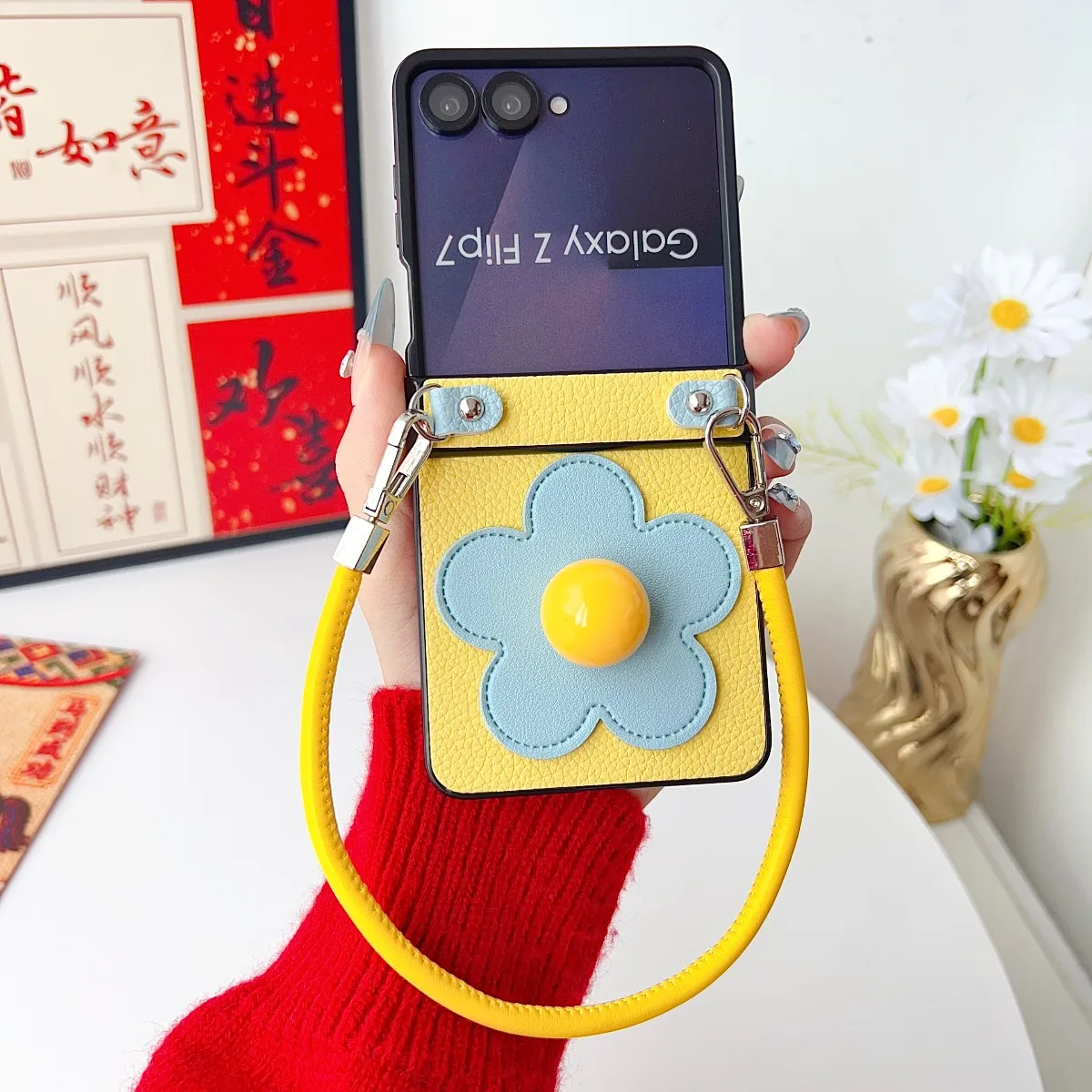 Leder-Armband Z Flip7 3D-Blumen Handyhülle für Samsung Galaxy Z Flip 7 6 5 4 3 5G Flip7FE Scharnier-Schutz Stoßfeste Hülle