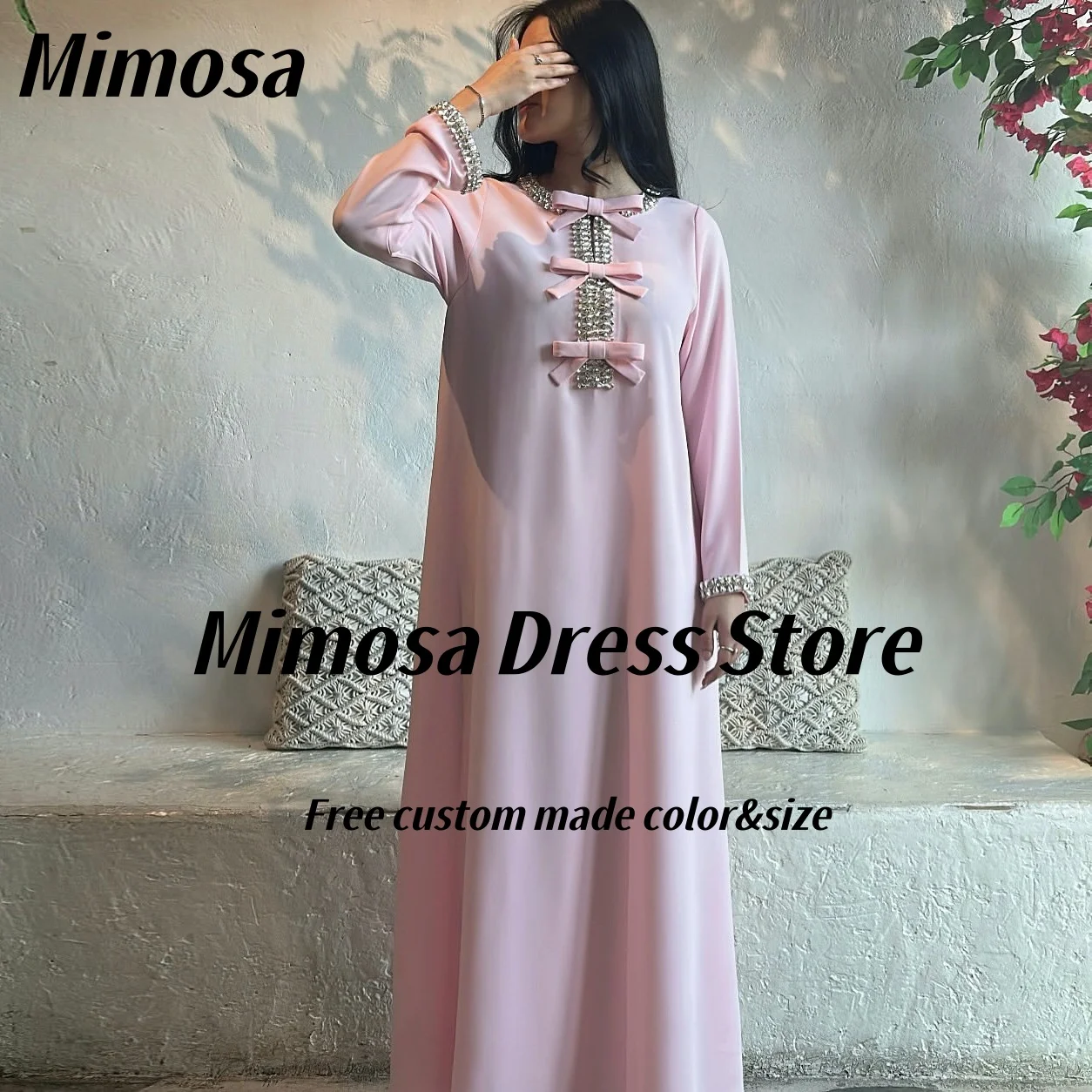 

Розовые платья для выпускного вечера Mimosa с бантами и кристаллами, вечерние платья с длинными рукавами, женская одежда в Саудовской Аравии, платье для дня рождения по индивидуальному заказу