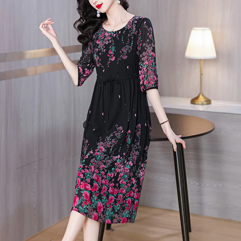 2024 Vintage Black Floral Silk Luxury Midi Dress Women Elegant Bodycon Prom Dress Summer Korean Fashion Party Evening Vestidos