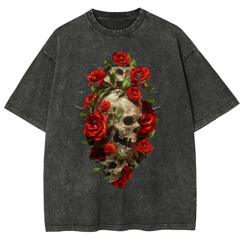 Rose Decoration Round Neck  Short Sleeves Retro Sportswear  Washed Plus Size T-shirt  Y2K Streetwear Clothing  2024 Summer