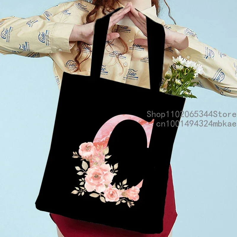 Fashion Trend Black Canvas Handbags Pink Sakura Alphabet Aesthetics Graphic Tote Bag Teenager Student Women Flower Shoulder Bag