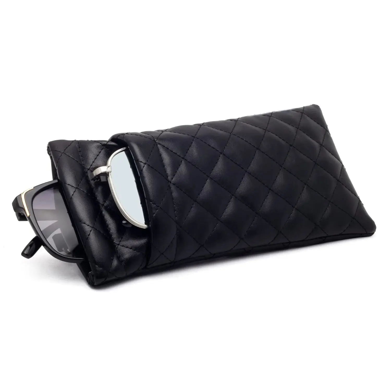 1 Stuk Zachte PU Dubbele Brillenkoker Draagbare Squeeze Top Lederen Brillenkoker Minimalistische Argyle Anti-Kras Bril Opbergtas