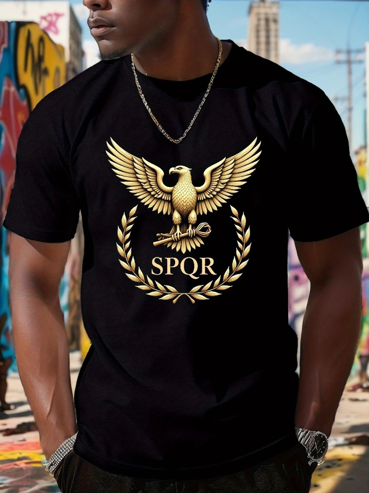 Printed with SPQR Eagle pattern-casual 100% cotton short-sleeved summer T-shirt with golden laurel print.