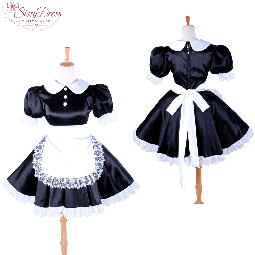 

Sissy dress sexy crossdressing sissy maid short black satin dress lockable Uniform white apron costume [G027]