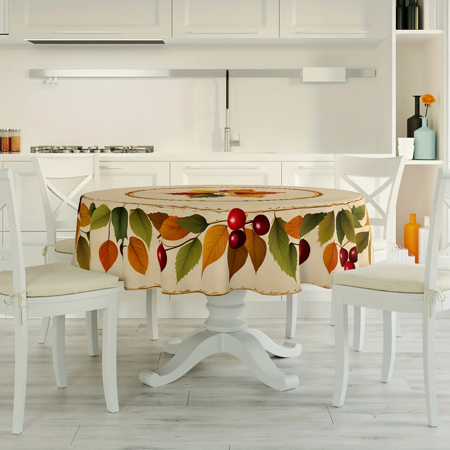 2D flat printing 59X59 inches. Vibrant autumn leaves round tablecloth | Colorful maple leaf design, red and yellowzyc