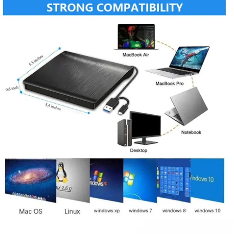 كاتب أقراص DVD RW خارجي تسجيل عالي السرعة قارئ محرك الأقراص الضوئية النحيف نوع صينية محمول لجهاز MacBook Pro 14 Air #6