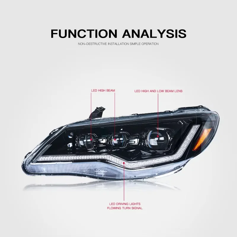 LED Headlight For Honda Civic 2006-2011 FD2 Type-R 8th Gen Sequential Turning Signal