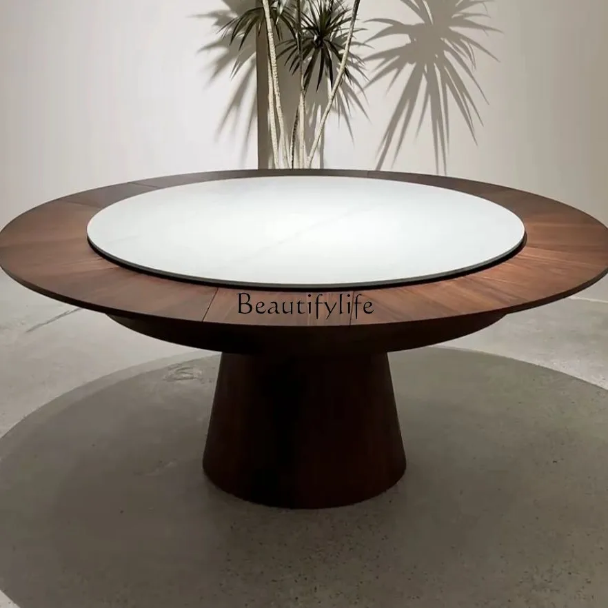 Slate Rotating Retractable Round Dining Table Variable Size Multifunctional Round Dining Table Walnut