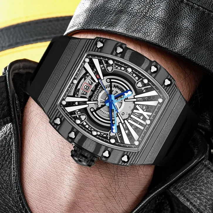 

HANBORO Мужские автоматические часы Роскошные механические наручные часы Светящийся безель из углеродного волокна Корпус Tonneau 5 бар Резиновый ремешок Miyota 8215