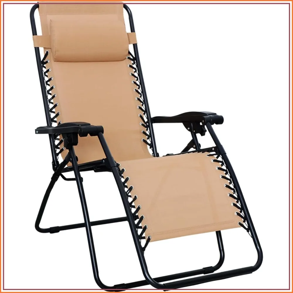 Zero Gravity Lounge Chair with Pillow, Foldable Outdoor Recliner for Patio, Beach, Weather-Resistant, 300 lb Capacity, Beige