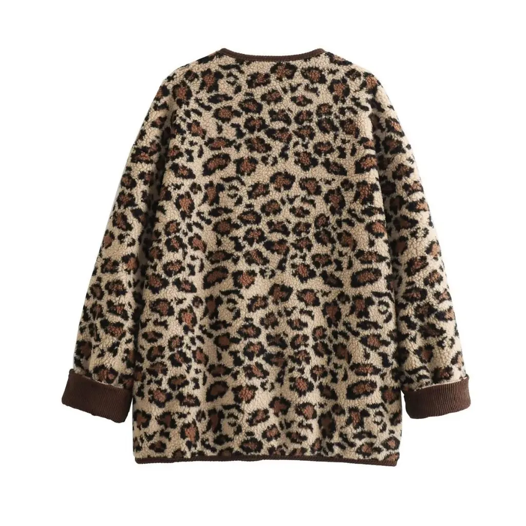 

Leopard Print Lamb Wool Casual Jacket Women's round Neck Loose Fit Autumn Temperament Outerwear