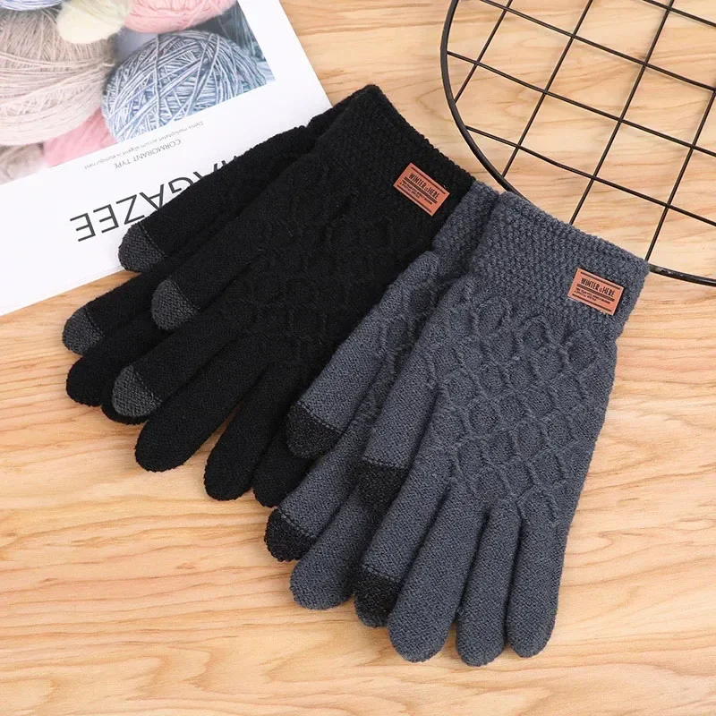 Autumn Winter Version of The Touch Screen Knitted Wool Plus Velvet Thickening Outdoor Riding Gloves for Men Accessories Gifts