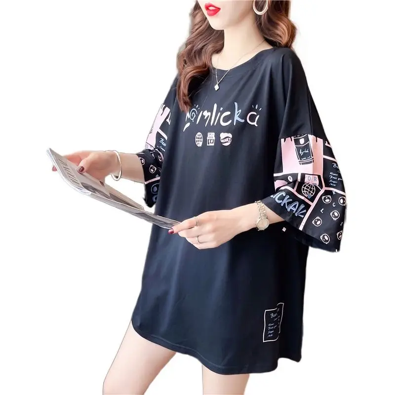 Female Casual Korean Printing O-neck Short Sleeve Top Tee 2024 New Summer Street Casual Patchwork Loose T-Shirts Women Clothes