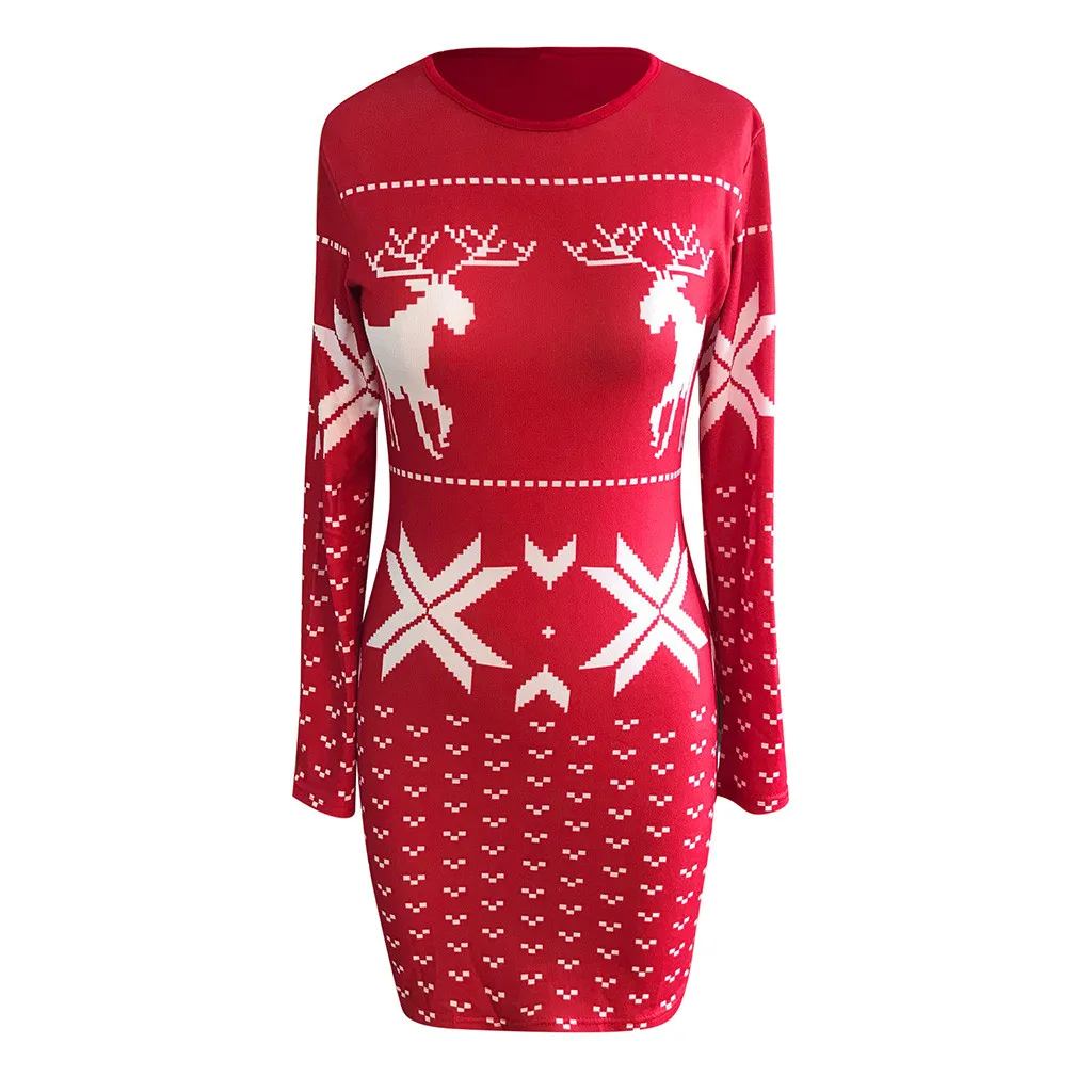 Frauen Weihnachts kleider Rentier Schneeflocke Bodycon Pullover Cocktail Sweatshirt Kleid Urlaub Outfits stricken Langarm Vestidos