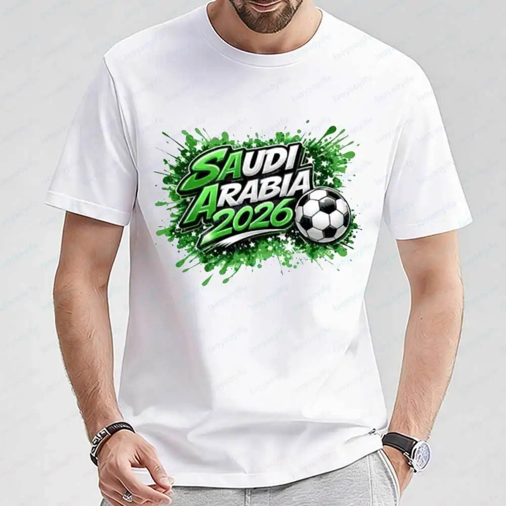 Men's Saudi Arabia 2026 Soccer T-Shirt Cotton Short Sleeve Football Graphic Casual Summer Sportswear Top for Soccer Fans Gift