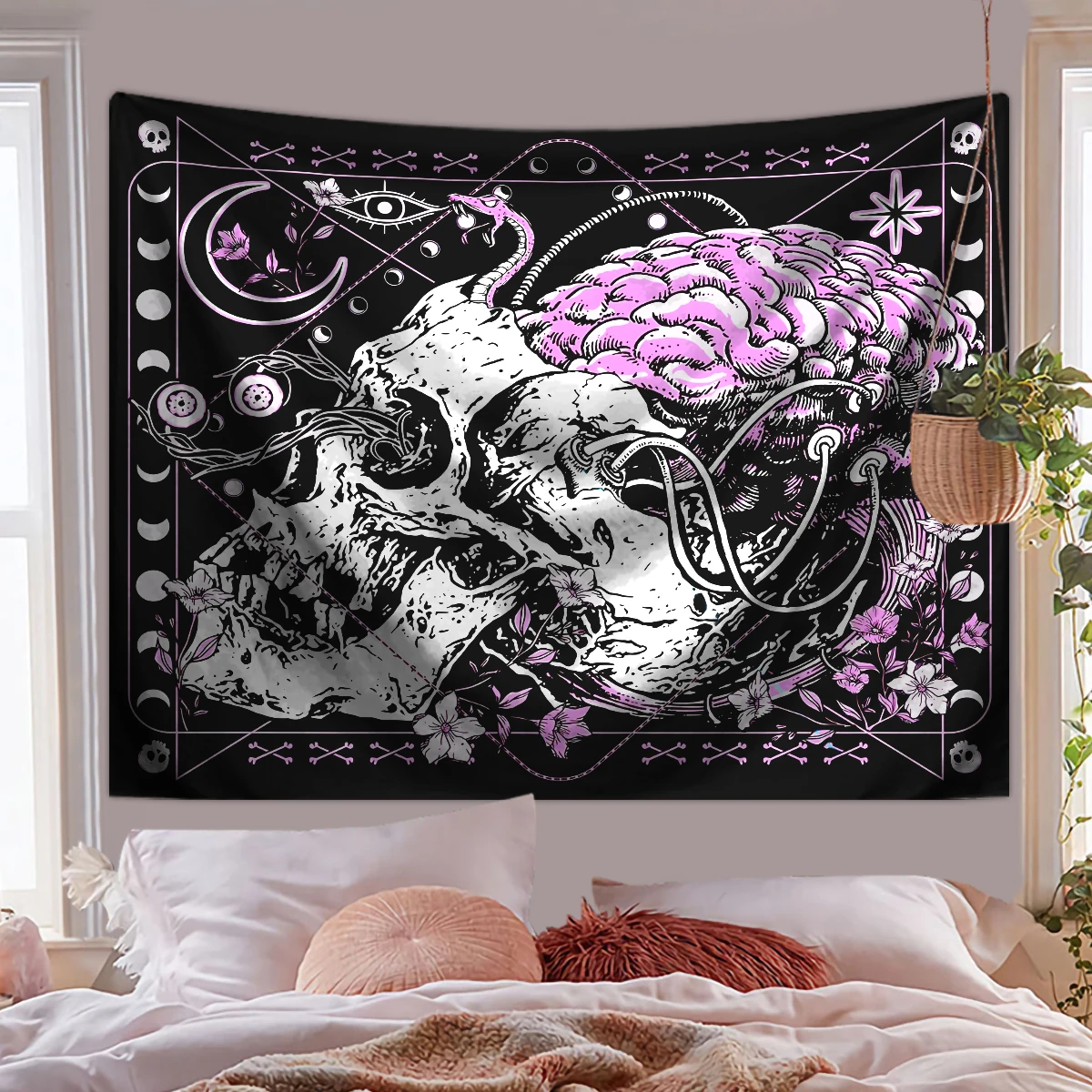 Gothic Horror Skull Tapestry, Skull Floral Plant Tapestry, Moon Phase Aesthetic Bedroom Living Room Decorative Wall Hanging