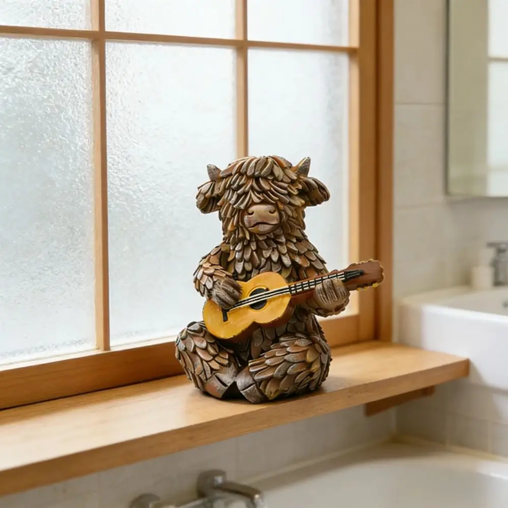 Highland Cow Playing Guitar Figurine, Resin Sculpture with Carved Wood Texture, Rustic Farm Animal Decor for Home Office Desk, C