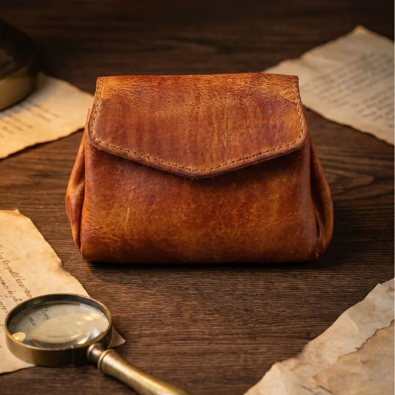 Vegetable Tanned Leather Coin Purse, Vintage Envelope Flap Snap Closure Wallet, Organizer for Coins, Credit Cards & Folded Bills