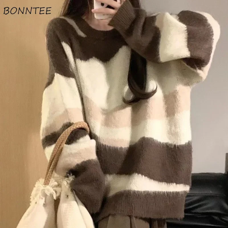 Pullovers Women Loose Fit Furry Chic Soft Casual Sweet Lovely Girl Korean Fashion Striped Vintage All-match Knitted Autumn Young