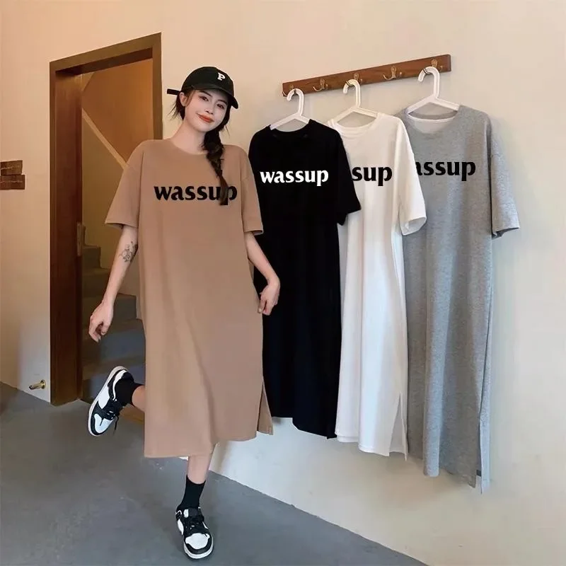 

Весенне-летнее простое свободное удобное повседневное женское платье с короткими рукавами большого размера с английским принтом, длинная юбка