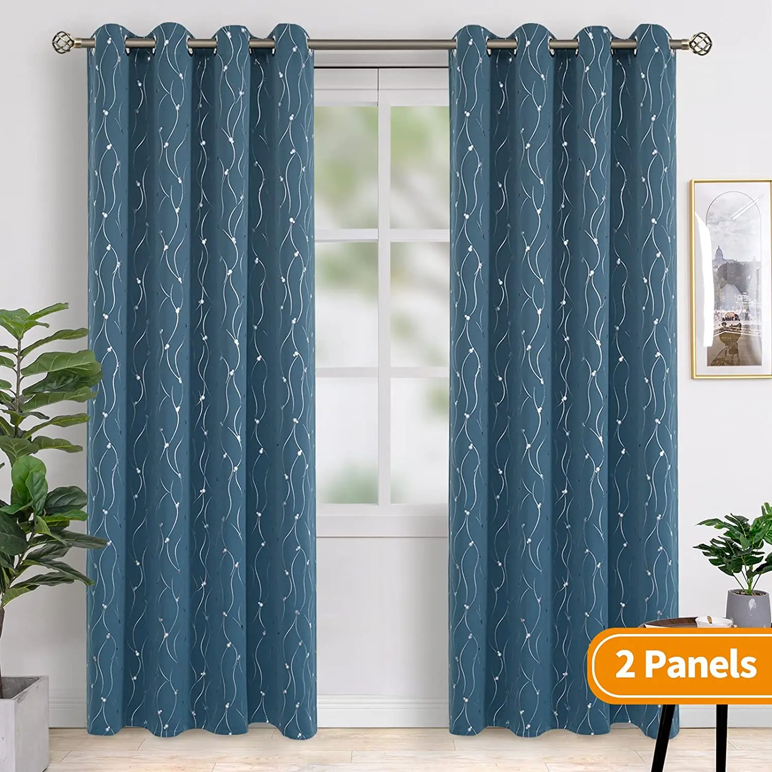 

Grommet Thermal Insulated Blackout Curtains with Wave Line and Dots Printed for Bedroom, Room Darkening Curtains 84 Inches Long