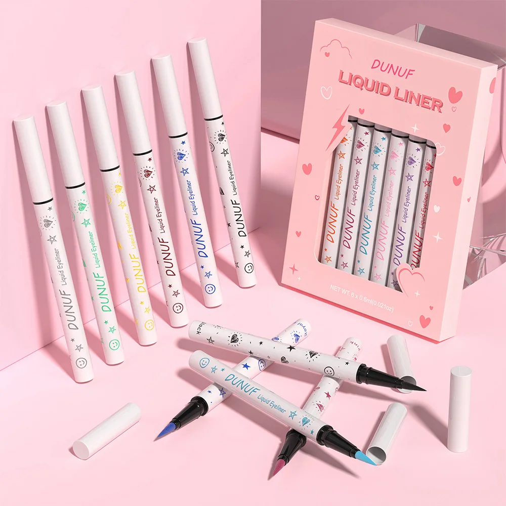 6-teiliges flüssiges Eyeliner-Set, wasserfest, wischfest, lebendige Farben, langlebige Präzisionspitze für geflügeltes Katzenaugen-Party-Make-up
