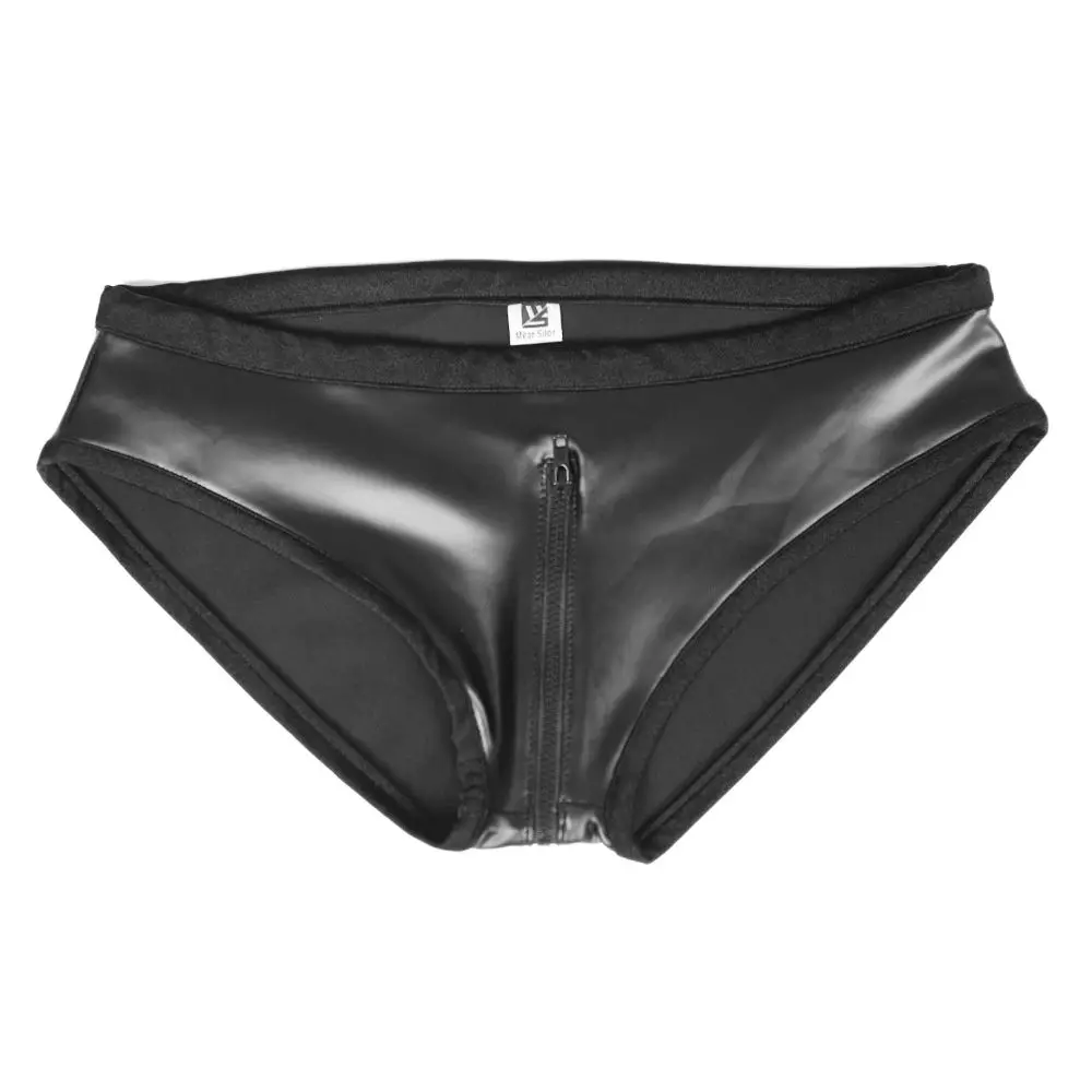 Woman Fashion Panties U Crotch Zipper PU Faux Latex Briefs Lift Hip Mid-Rised Close-Fitting Sexy Uderwear Sex Appeal Underpant