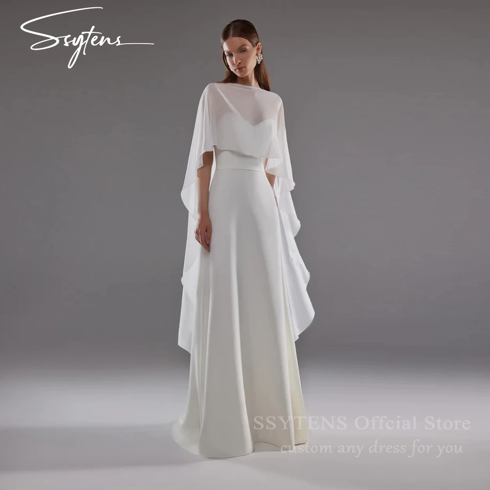 

SSYTENS Modest Arabic Wedding Dresses Customized White Ivory O-Neck Cap Shawl Mermaid Modern Satin Bridal Gown Robe De Mariée