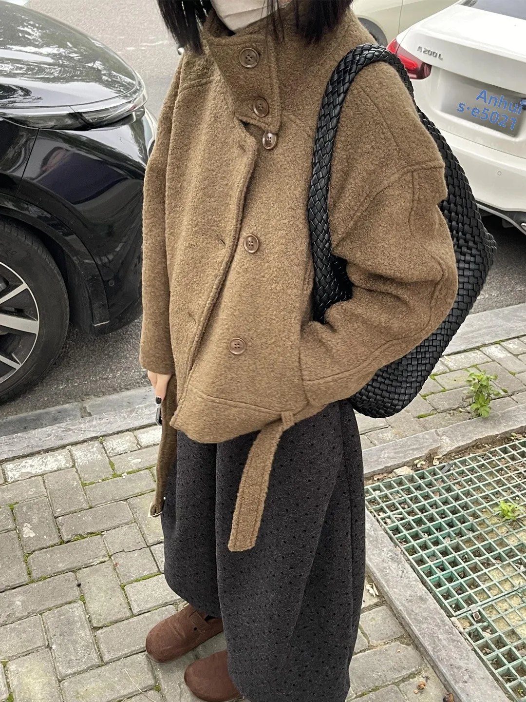 

Korean Sle Brown ort Woolen Coat Women's 2025 Autumn Winter New Small ape Sweater Coat Long Sve Stand Collar Jaet