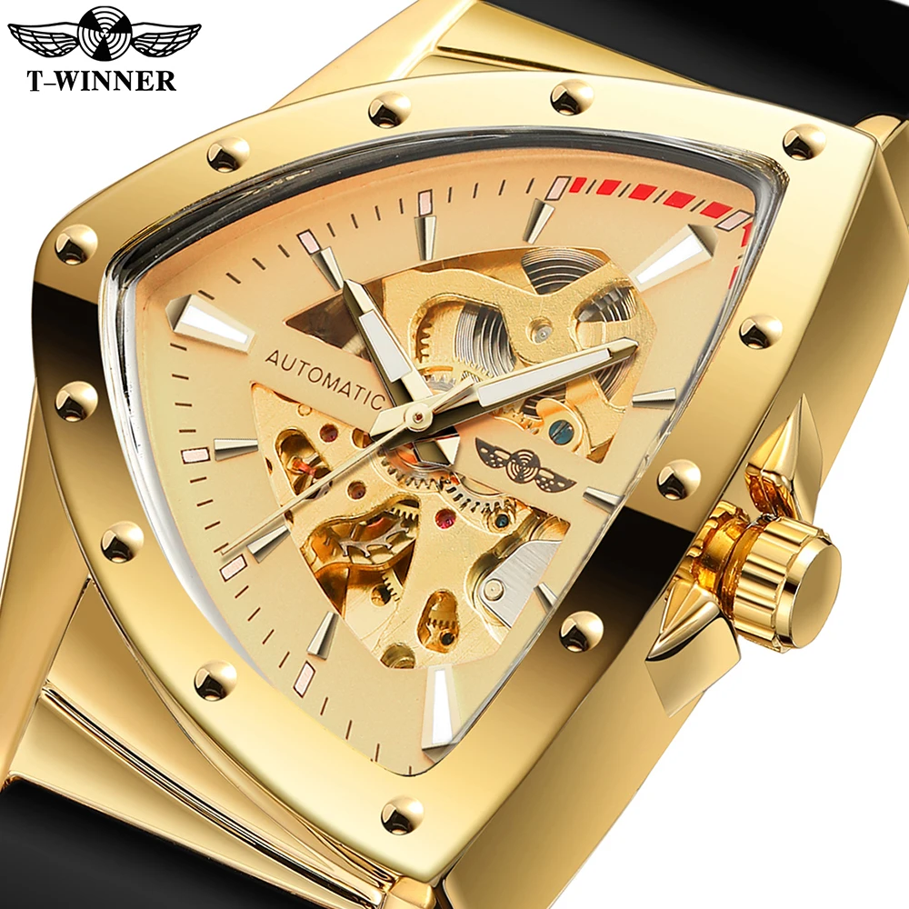 T-Winner-Montre-bracelet Shoous pour homme, Tourbillon, Modules triangulaires, Montres mécaniques automatiques, Bracelet en caoutchouc, Moderne, Populaire, Vintage