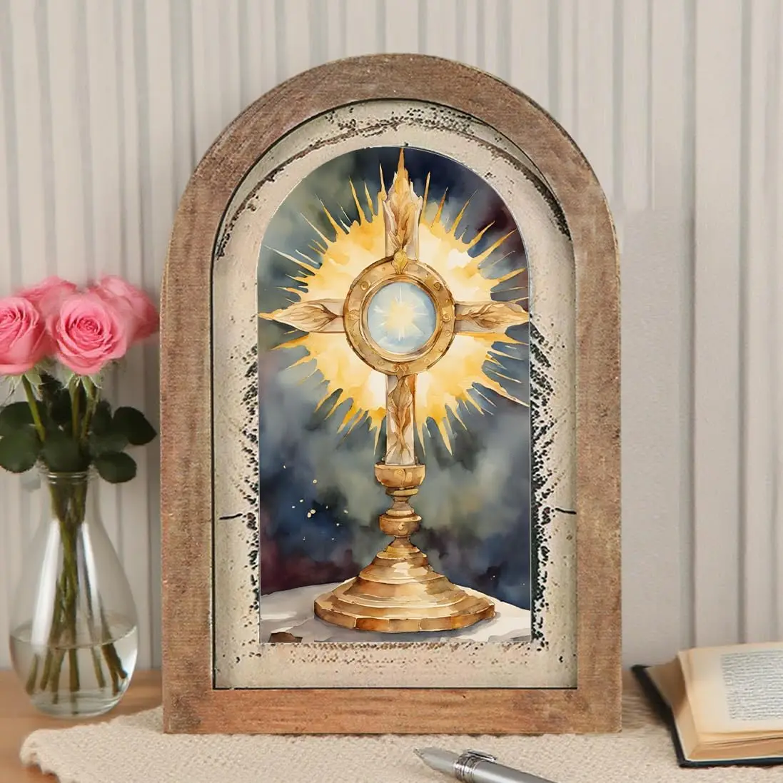 Cross-border Watercolor Eucharist Arched Wooden Wall Art, Farmhouse Christian Faith Hanging Decor