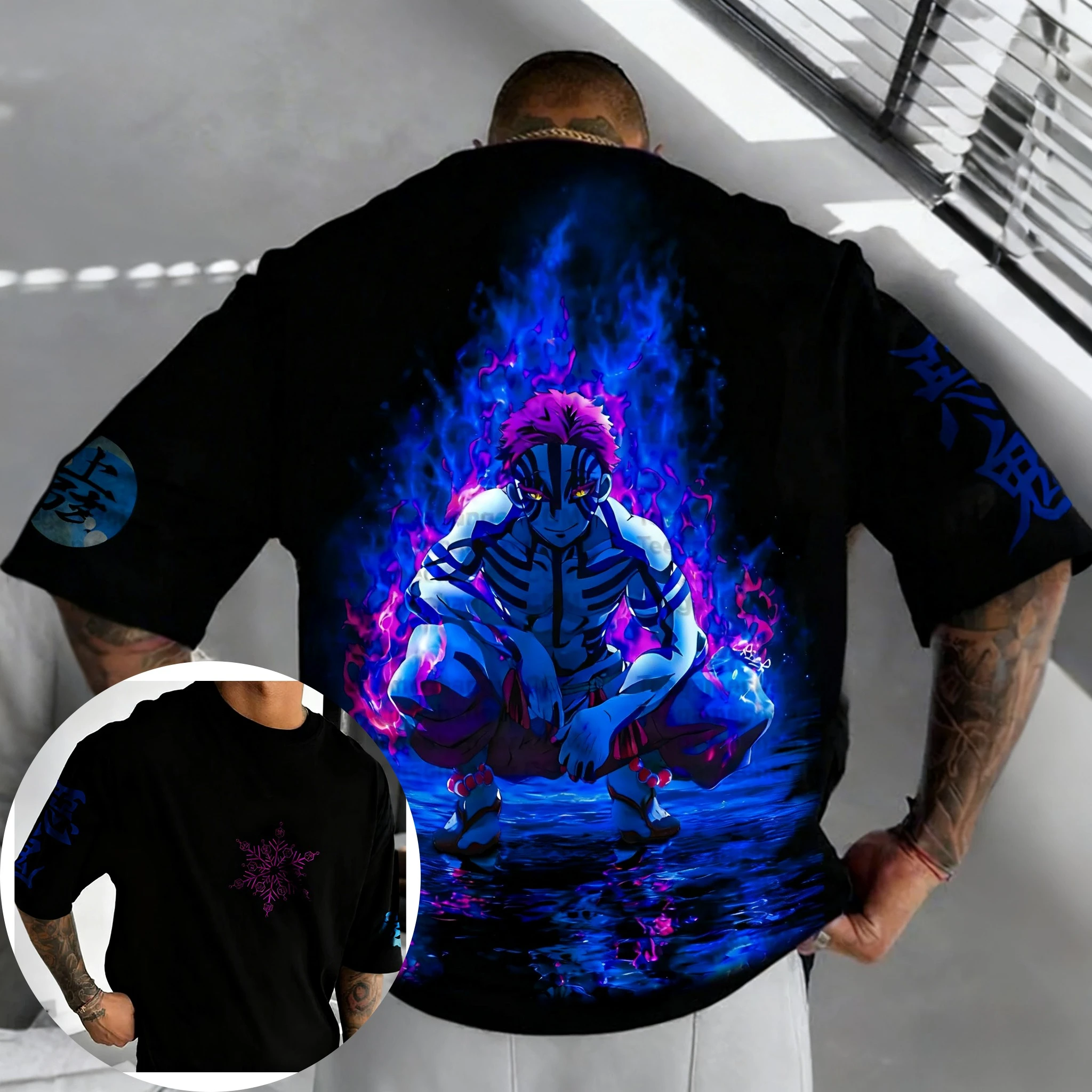 شيطان القاتل الرجال والنساء تي شيرت الصيف جديد Akaza أنيمي مطبوعة Harajuku حجم كبير الاتجاه Y2K عادية فضفاض الوالدين والطفل