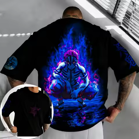Demon Slayer Men's and Women's T-shirt Summer New Akaza Anime Printed Harajuku Plus Size Trend Y2K Casual Loose Parent Child Top
