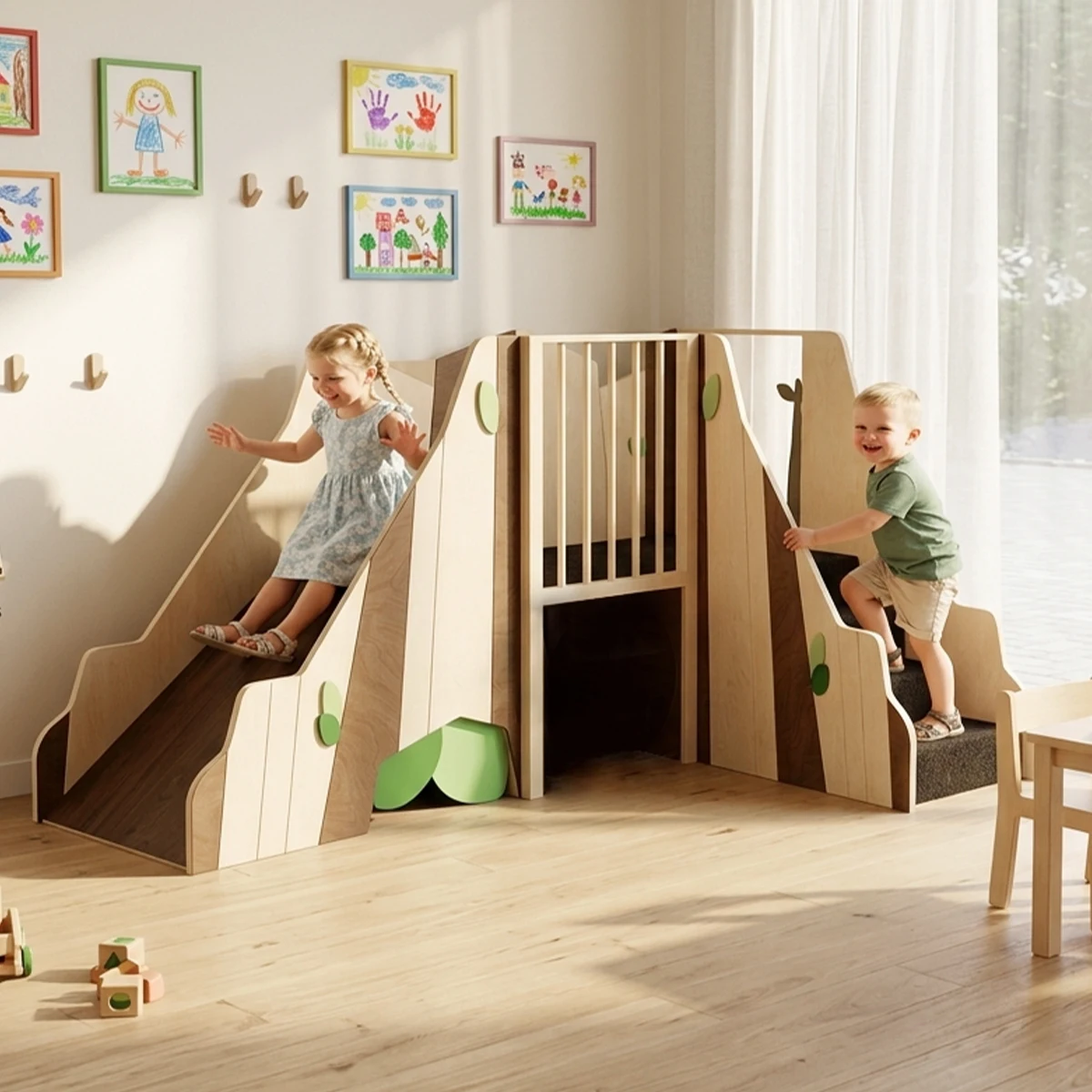 Kids Slide Forest Explorer Theme Wooden Indoor Climbing Slide Play Set Montessori Sensory Furniture
