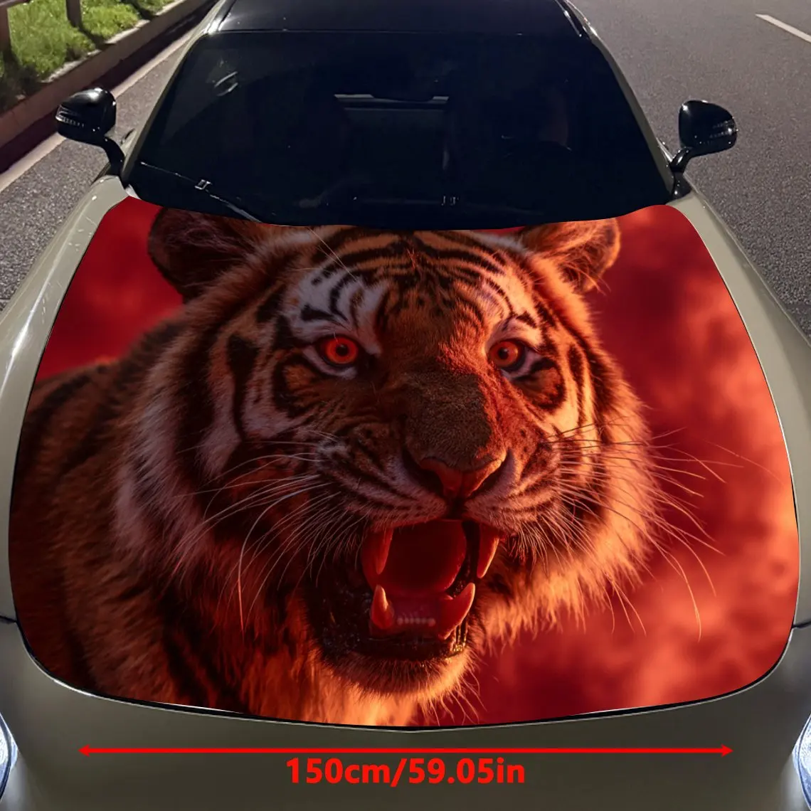 Car Decals Tigers with Bold Stripes, Fierce Roaring Expression, and a Fiery Red - Themed Backdrop Car Hood Sticker, Waterproof S