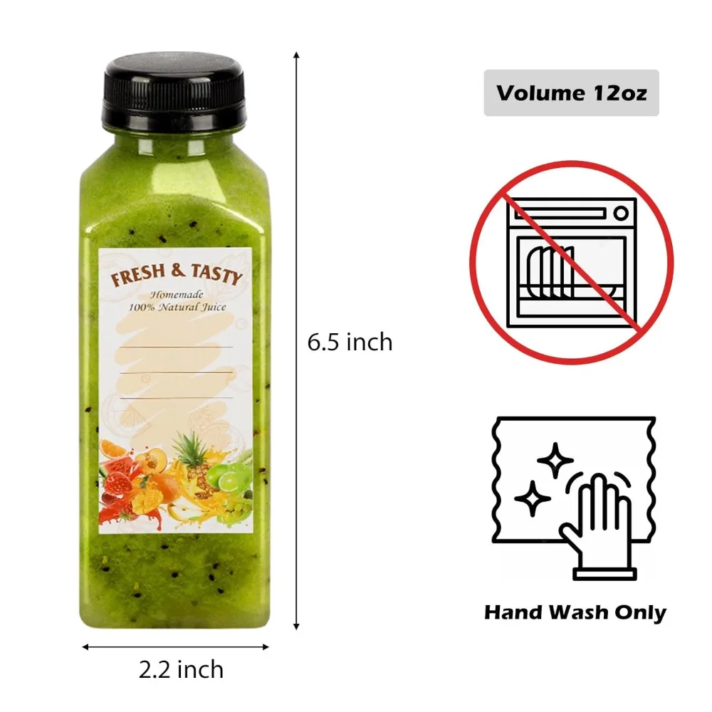

100 шт., 12 унций, прозрачные пластиковые бутылки для сока с крышками, многоразовые контейнеры для воды для напитков, в комплект входят этикетки, воронка-кисть
