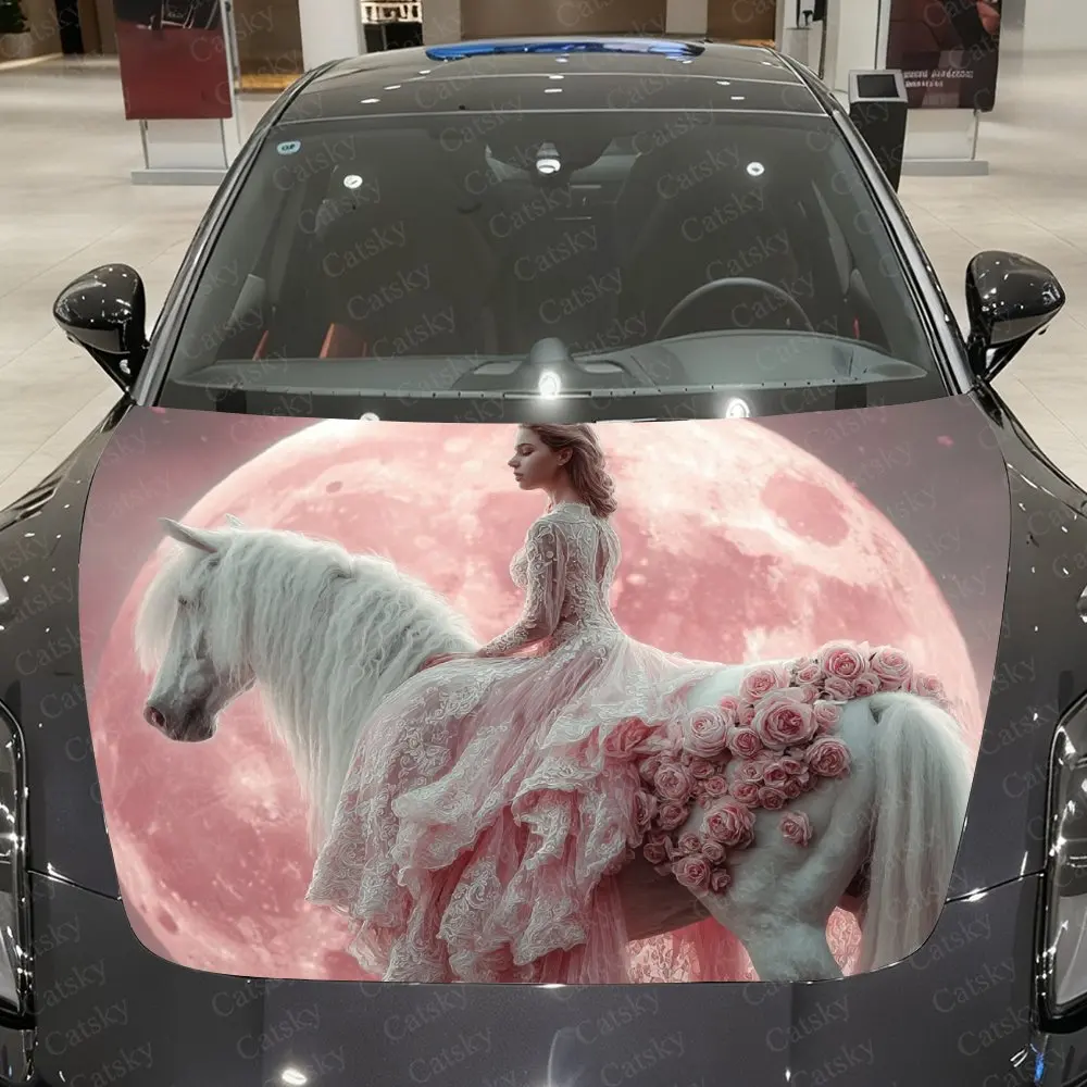 Pink Moon Riding Lady Car Hood Decorative Stickers. It Enhances The Aesthetic Of The Vehicle And Can Be Easily Applied To Metal