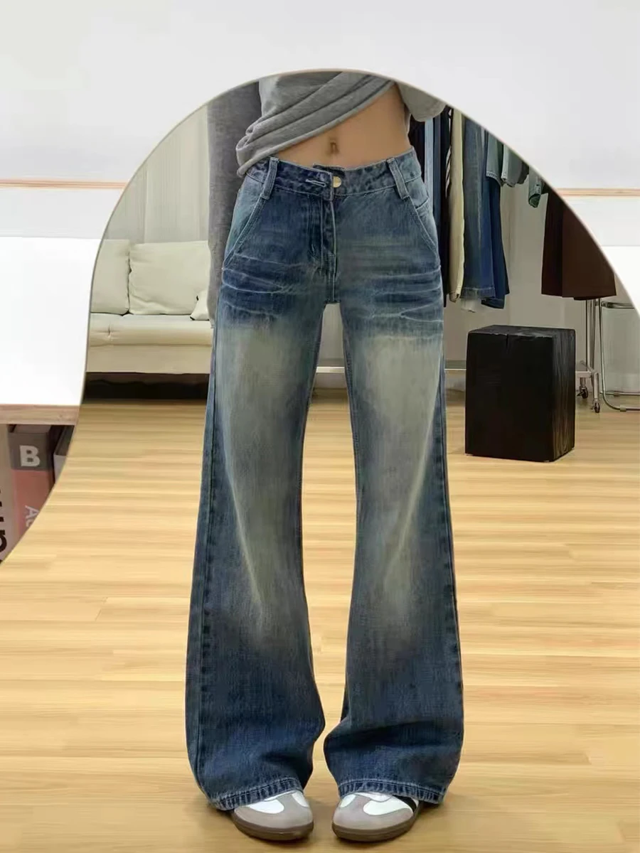 

Джинсы женские с высокой талией, расклешенные, в американском стиле, весна-осень, больших размеров, свободные, стройнящие, широкие штанины, длиной в пол