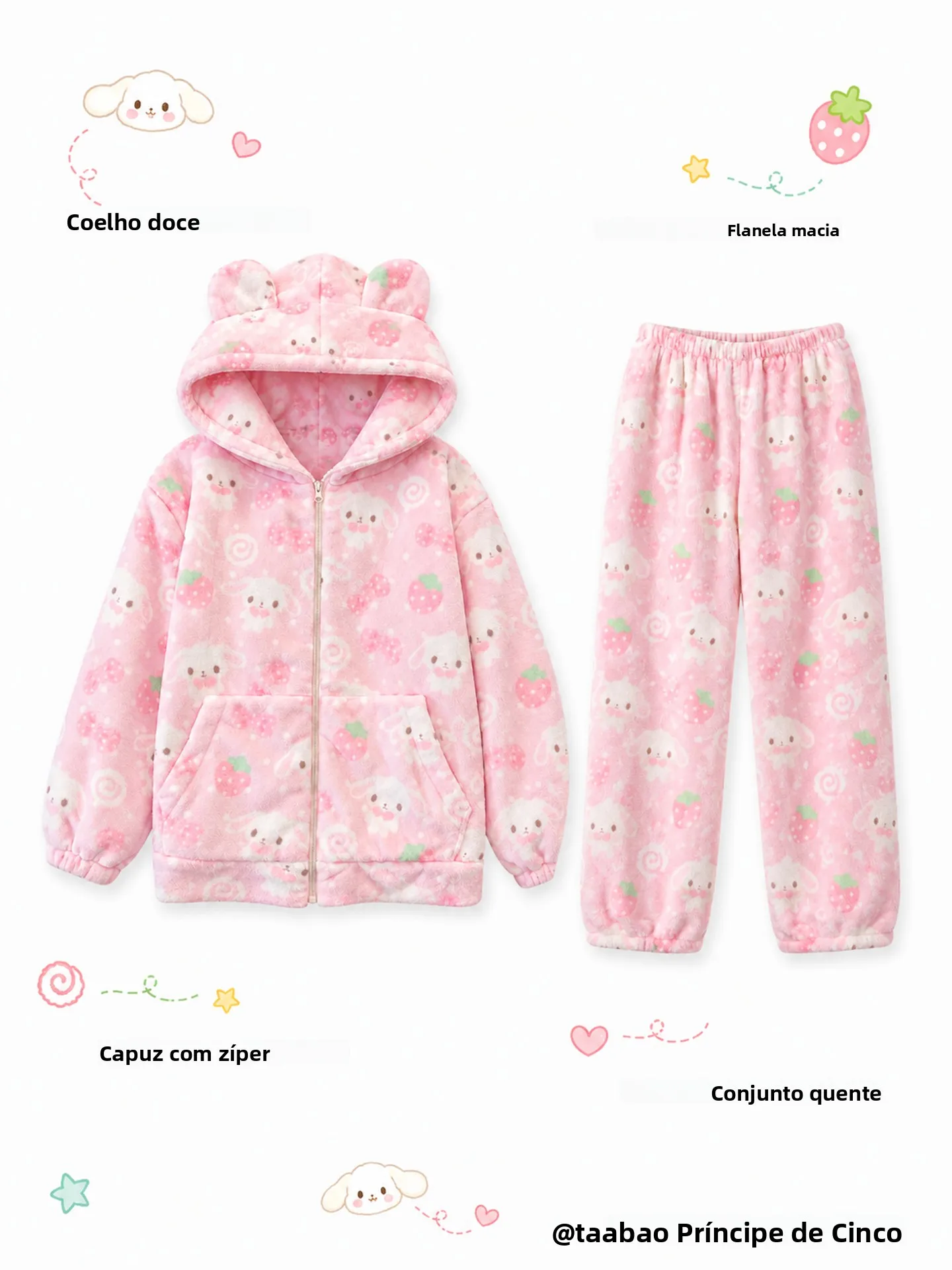 strawberry-dessert-rabbit-thickened-flannel-home-clothes-set-women's-winter-sleepwear-with-hat-soft-warm-long-sleeve-outfit