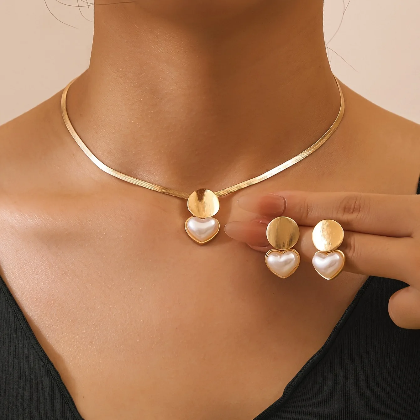 14K Gold Flat Snake Chain Choker Necklace Heart Pearl Drop Pendant Matching Round Disc Heart Pearl Stud Earrings 2Pcs Minimalist Jewelry Set