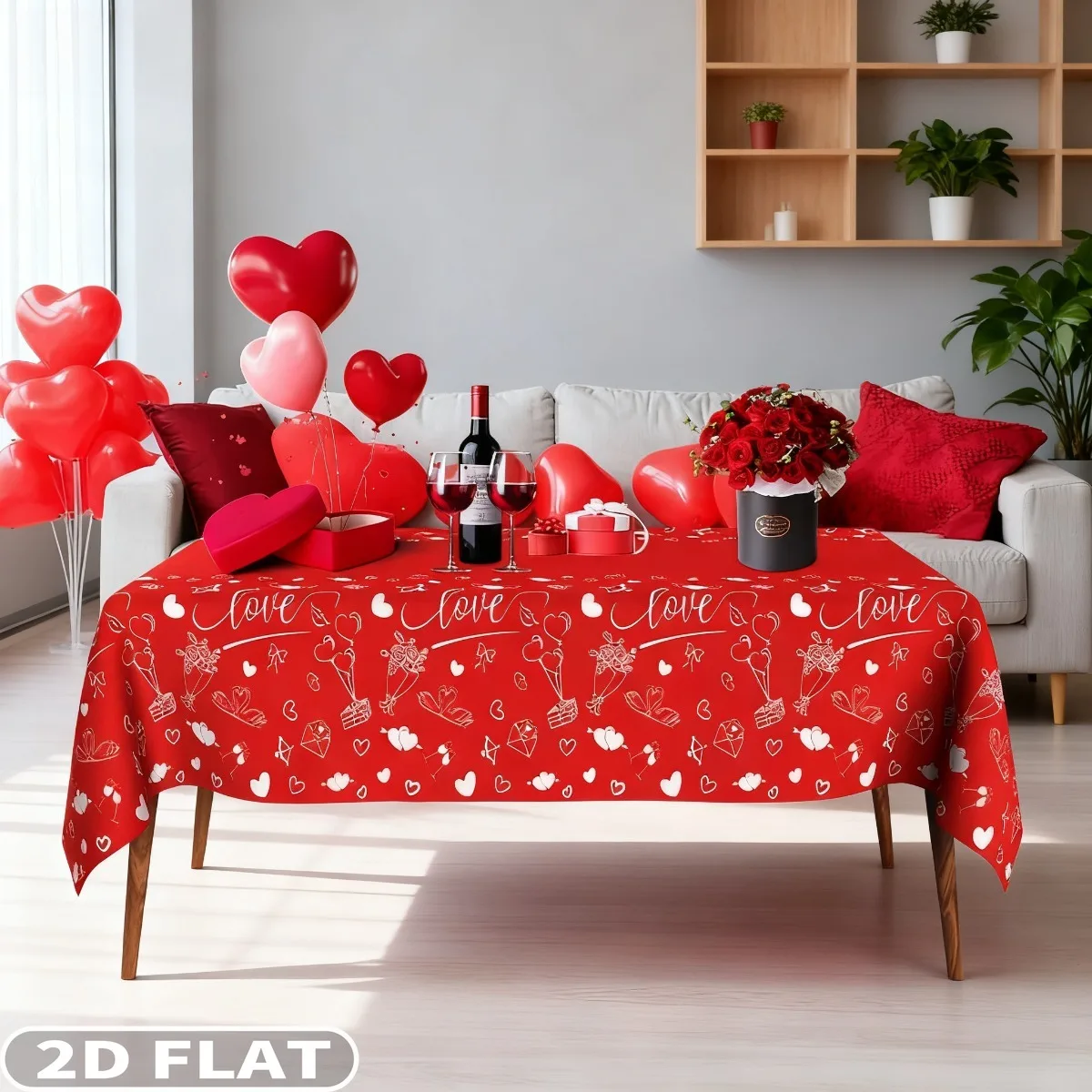 

2D FLAT 1pc Valentines Day Party Packs Tablecloth, Valentines Tablecloth, Resuable Polyester Red Heart Love Tablecovers