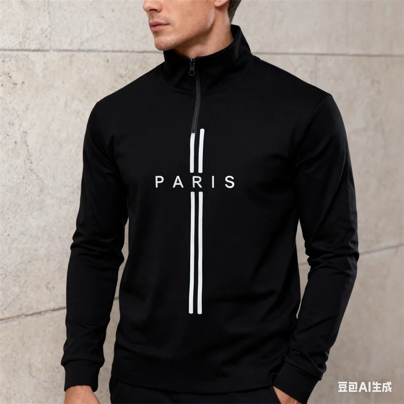 

PARIS Letter Printed Men's Half-Zip Stand Collar Shirt Autumn Winter Casual Simple And Comfortable Long Sleeved Sweatshirts Tops