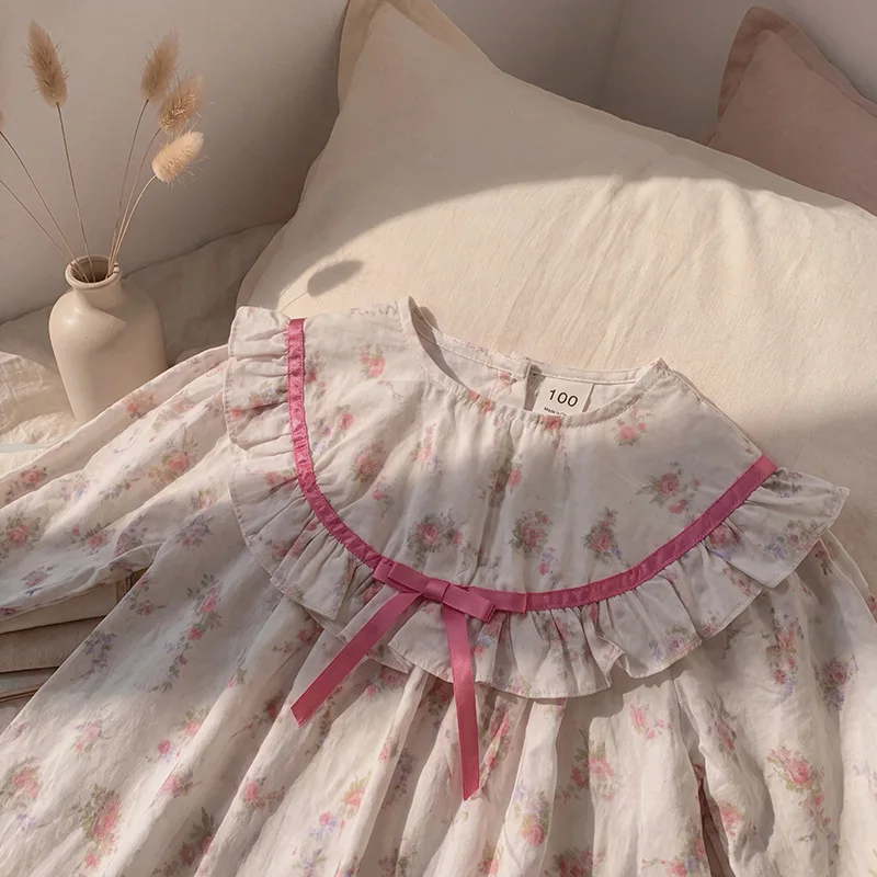 Girls French Style Floral Print Dress 2026 Autumn Lace Ruffle Long Sleeve Kids Princess Party Dress