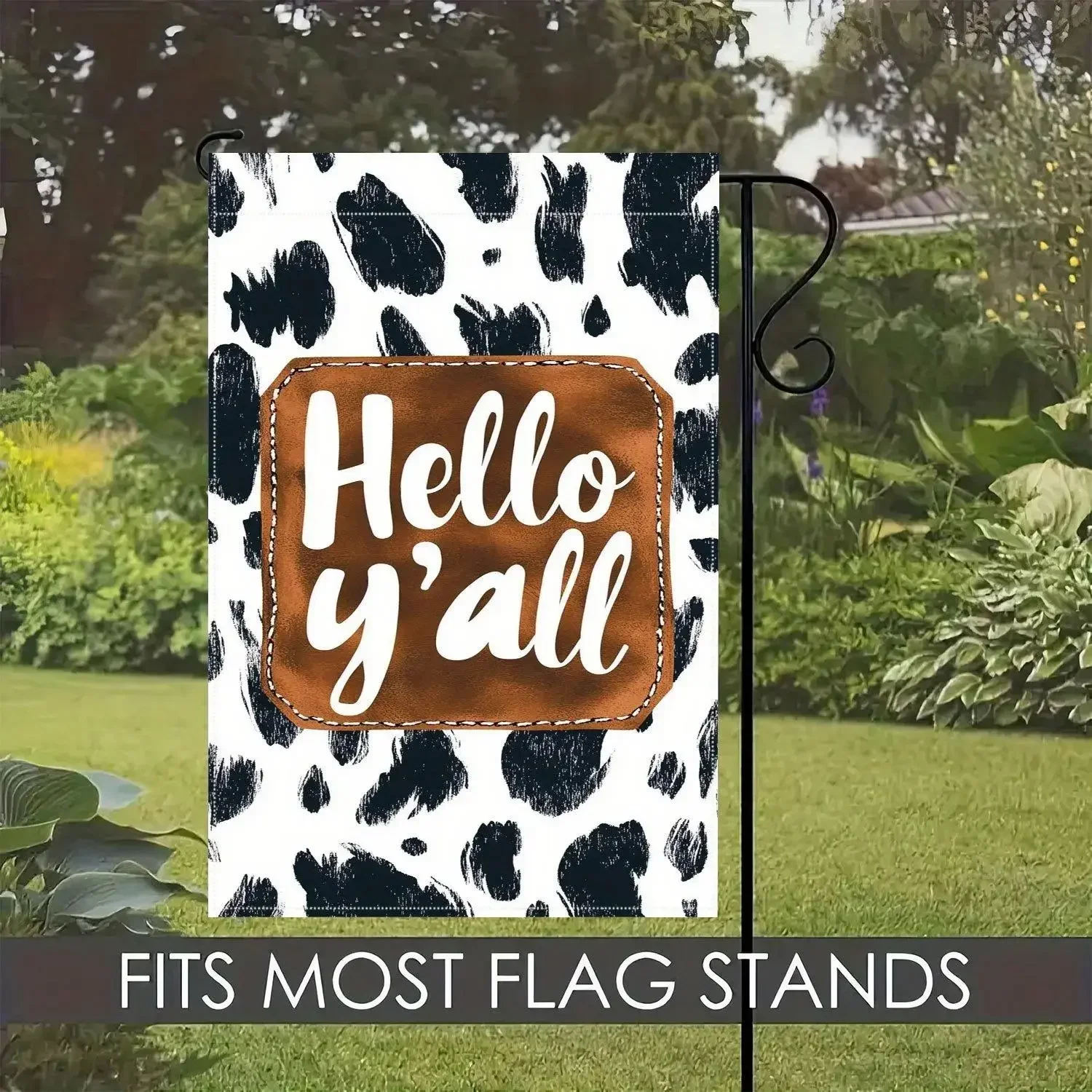 Hello Family Farm Rectangular Garden Flag - Double-Sided Cowboy Style Greeting Banner, Linen Material, Black and White Cow Print, Easy Hanging Slip-On Sleeve, Outdoor Decor, 12x18 Inch, No Flagpole