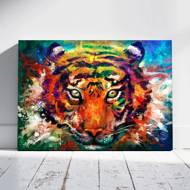 Abstract Tiger Head Wall Art, Big Size Colorful Graffiti Style Canvas Print, Framed Poster Decorative Painting for Home Living