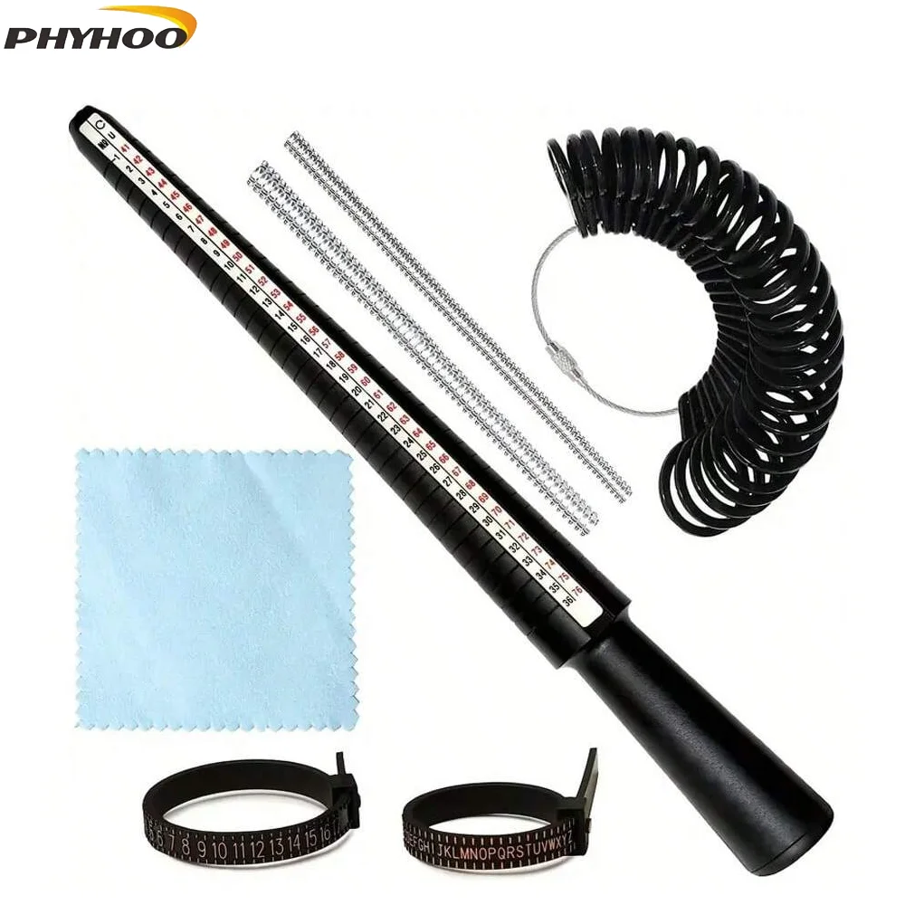 PHYHO 7-piece plastic ring size measuring tool set, with ring mandrel, US sizes 1-13, black kit and transparent adjuster - suita