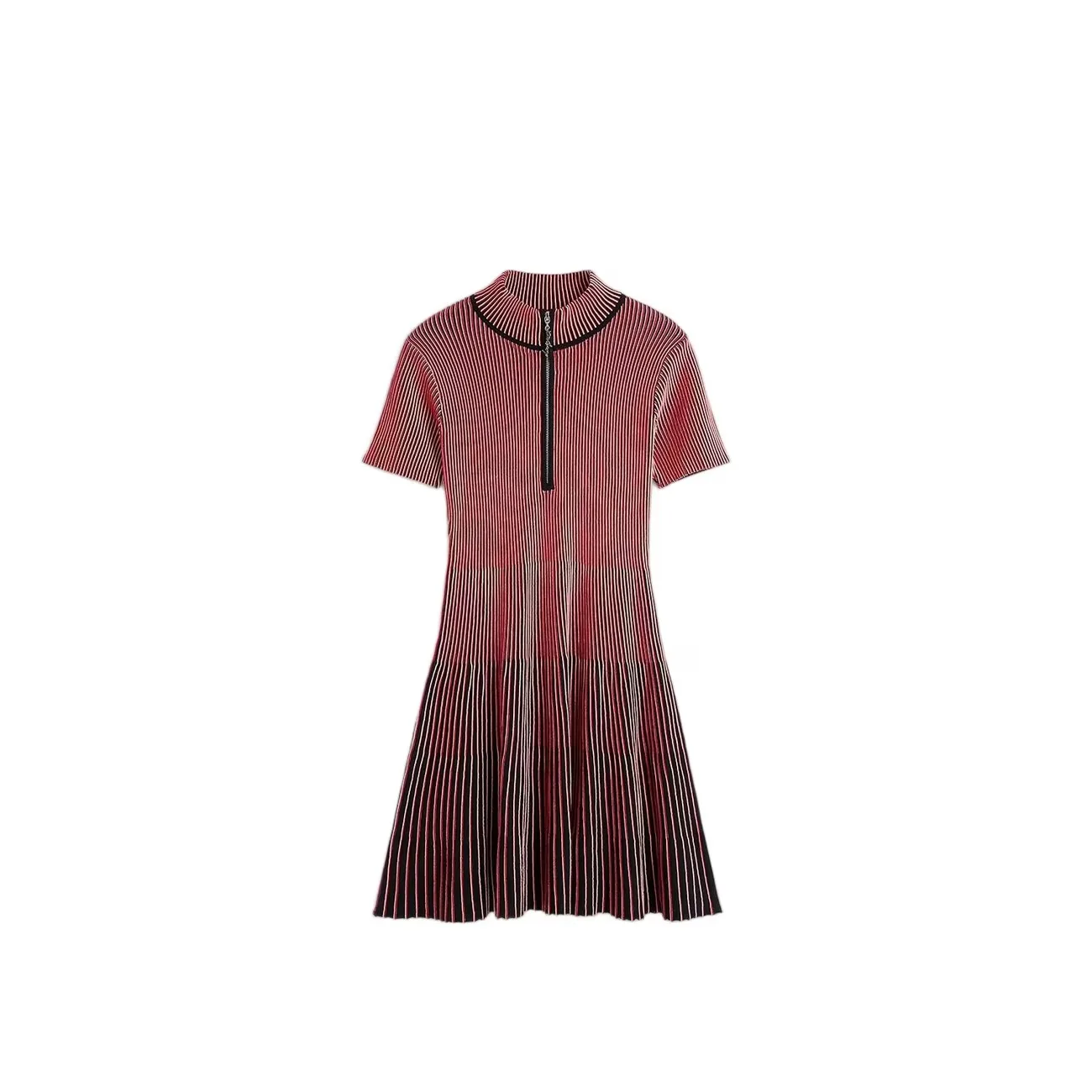 2026 New Spain Original Red Black Gradient Vertical Pit Strip Half Stand Collar Hundred Fold Slimming Dress